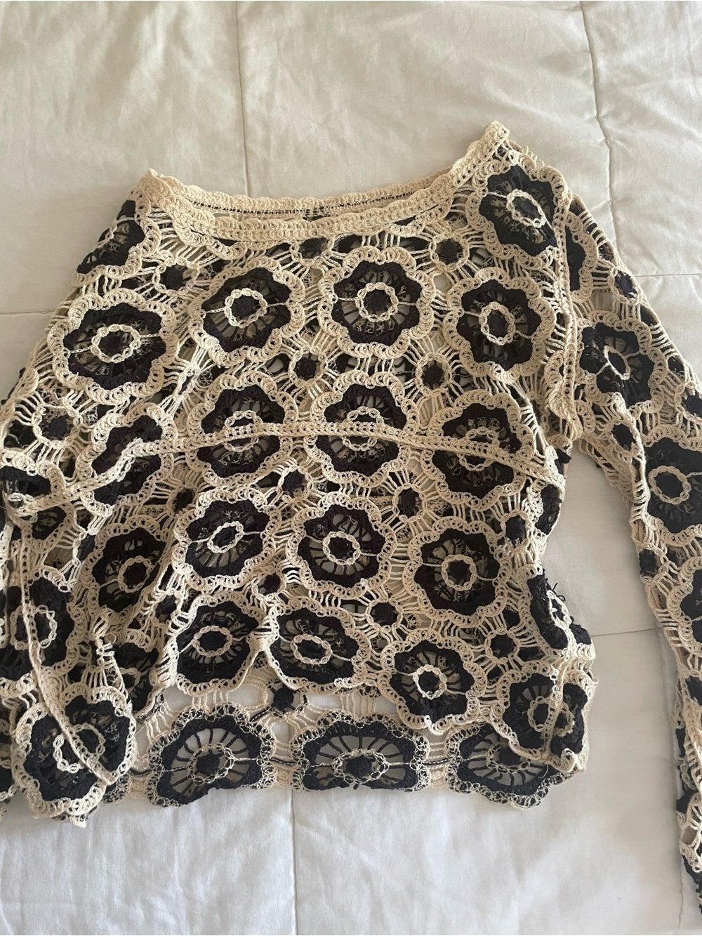 Crochet Floral Long Sleeve Sweater - Beige and Black